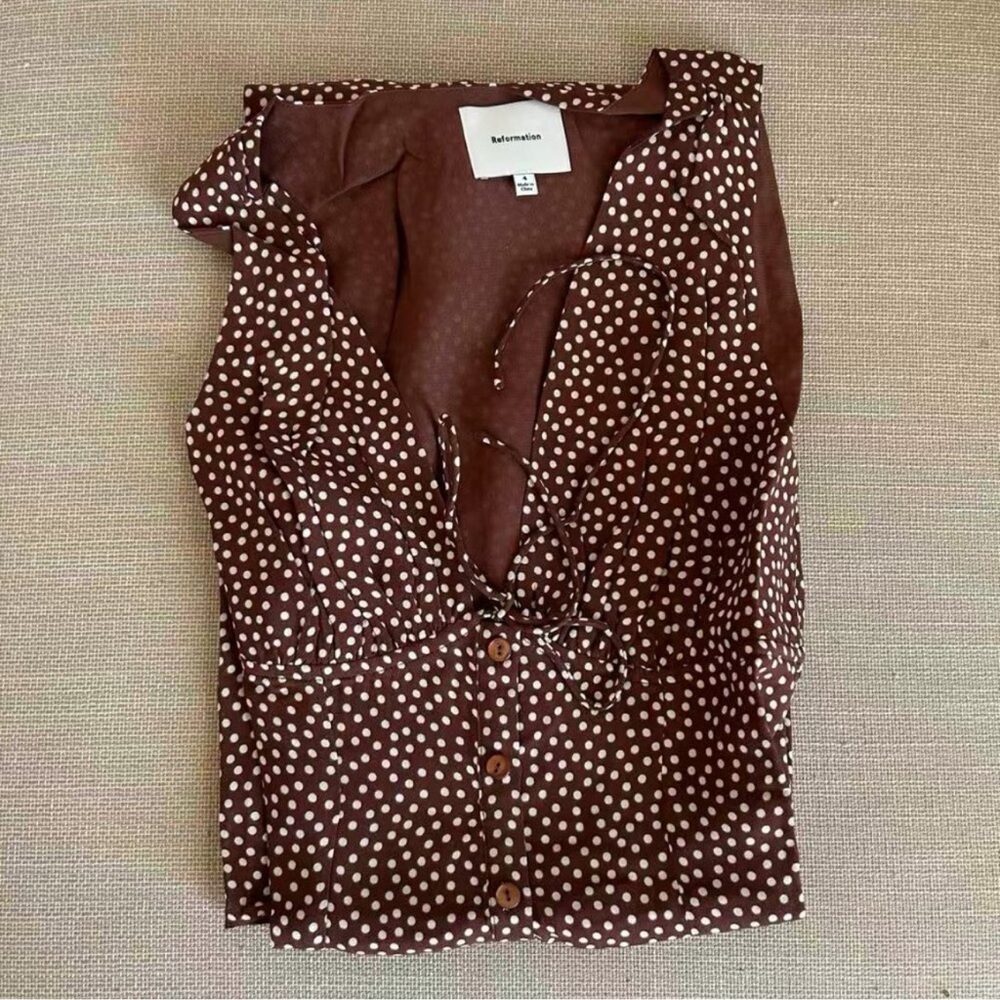Reformation Ceara Midi Dress Sz4 Choco Dot Polka V Neck French Casual Summer - Picture 6 of 11
